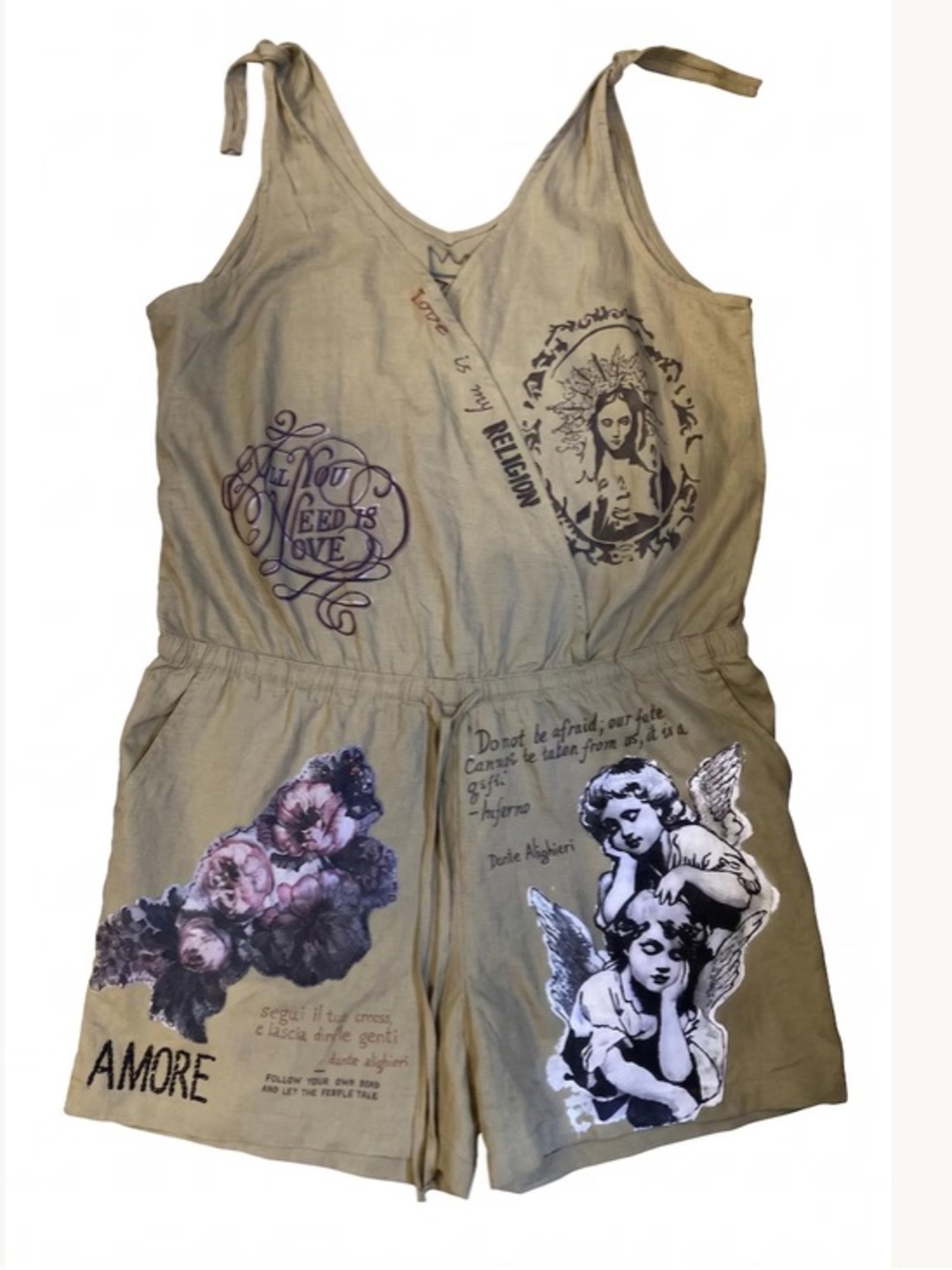 Hand Crafted Tan Graphic V-Neck Romper - Picture 4 of 8